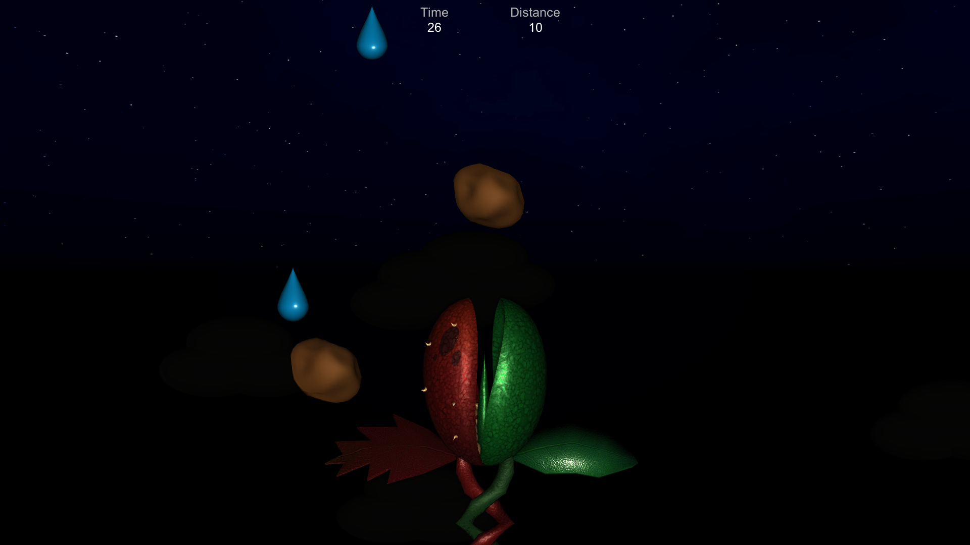 A screenshot of the game Mutant Plant From Mars depicting a green and red plant collect drops of rain from a cloud.