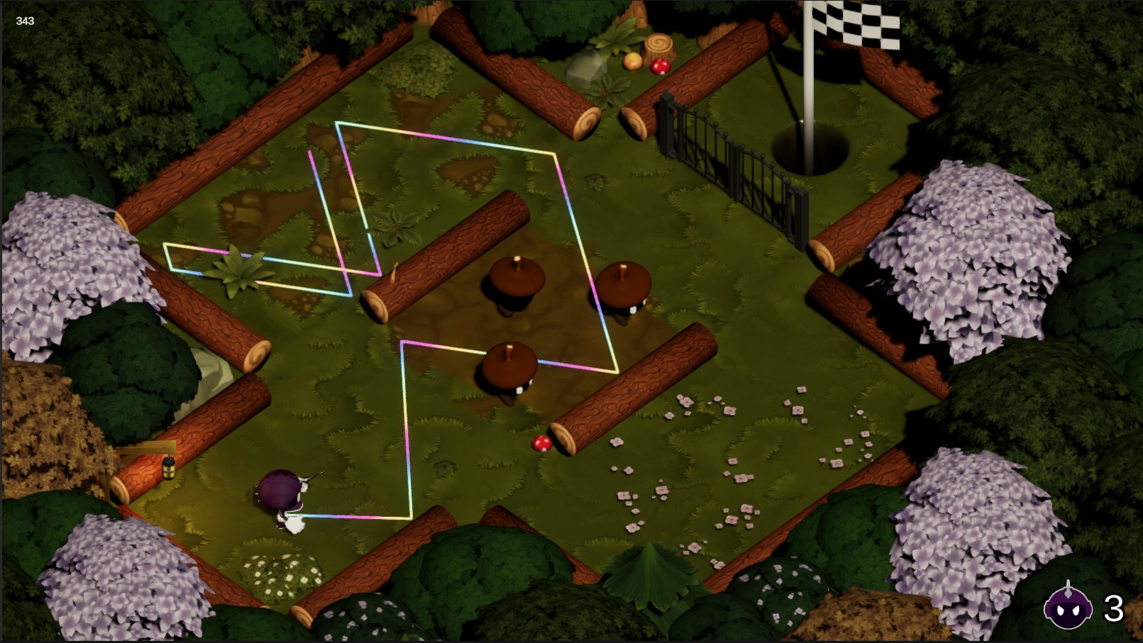 A screenshot of the game Super Trickshot depicting a forest environment with colourful cartoon enemies