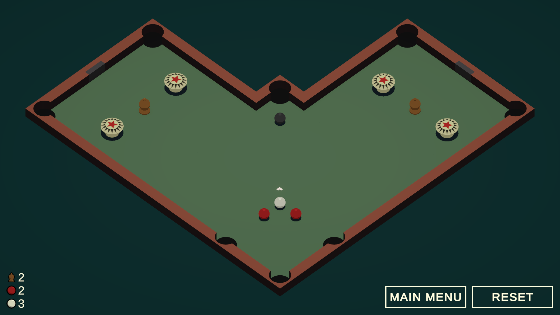 A screenshot of the game Trickshot depicting an L shaped pool table with Pinball themed obstacles on it.