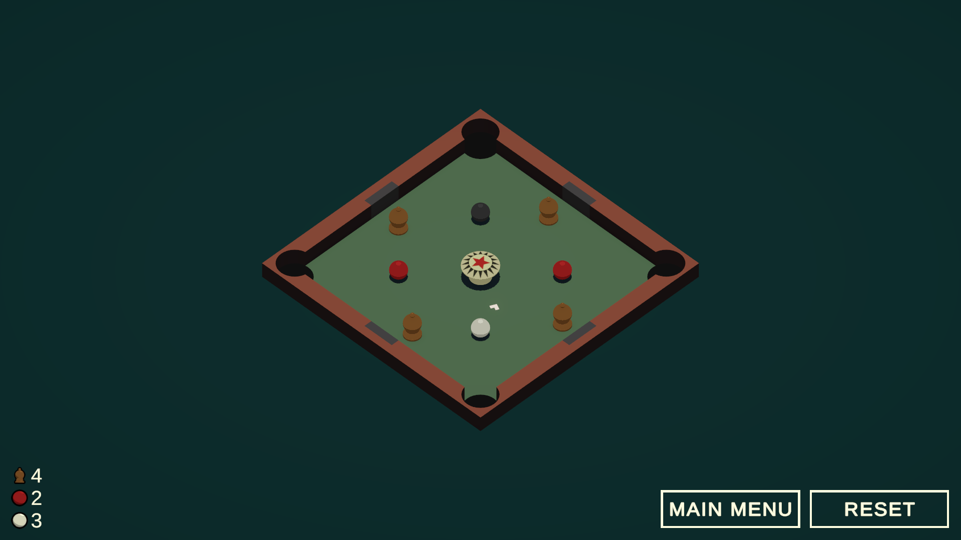 Trickshot Screenshot 2 A screenshot of the game Trickshot depicting a square pool table with Pinball themed obstacles on it.